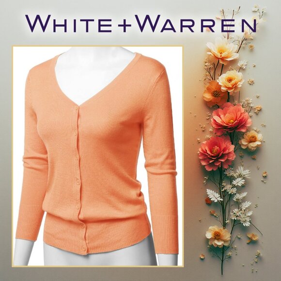 White + Warren 100% Cashmere Orange Sherbet V-Neck Cardigan (size XXS) - Picture 1 of 9